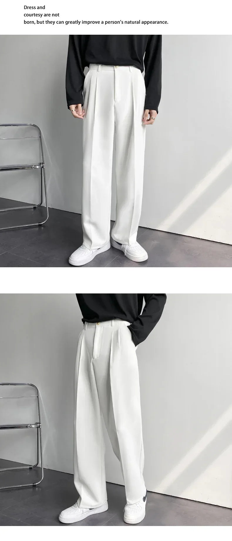 2024 Spring Autumn Men's Fashionable White Korean Style Casual Pants Street Draped Straight Loose Suit Casual Trousers Male