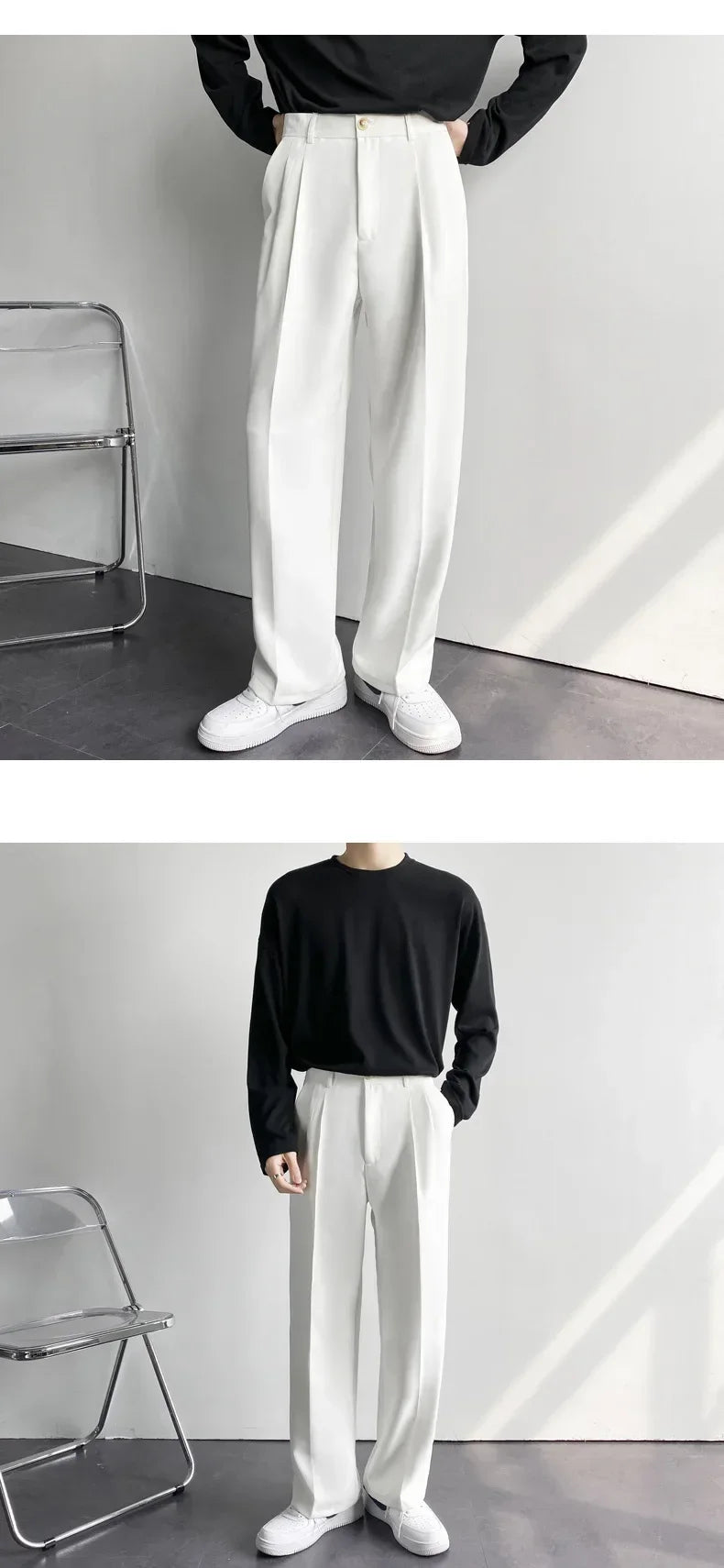 2024 Spring Autumn Men's Fashionable White Korean Style Casual Pants Street Draped Straight Loose Suit Casual Trousers Male