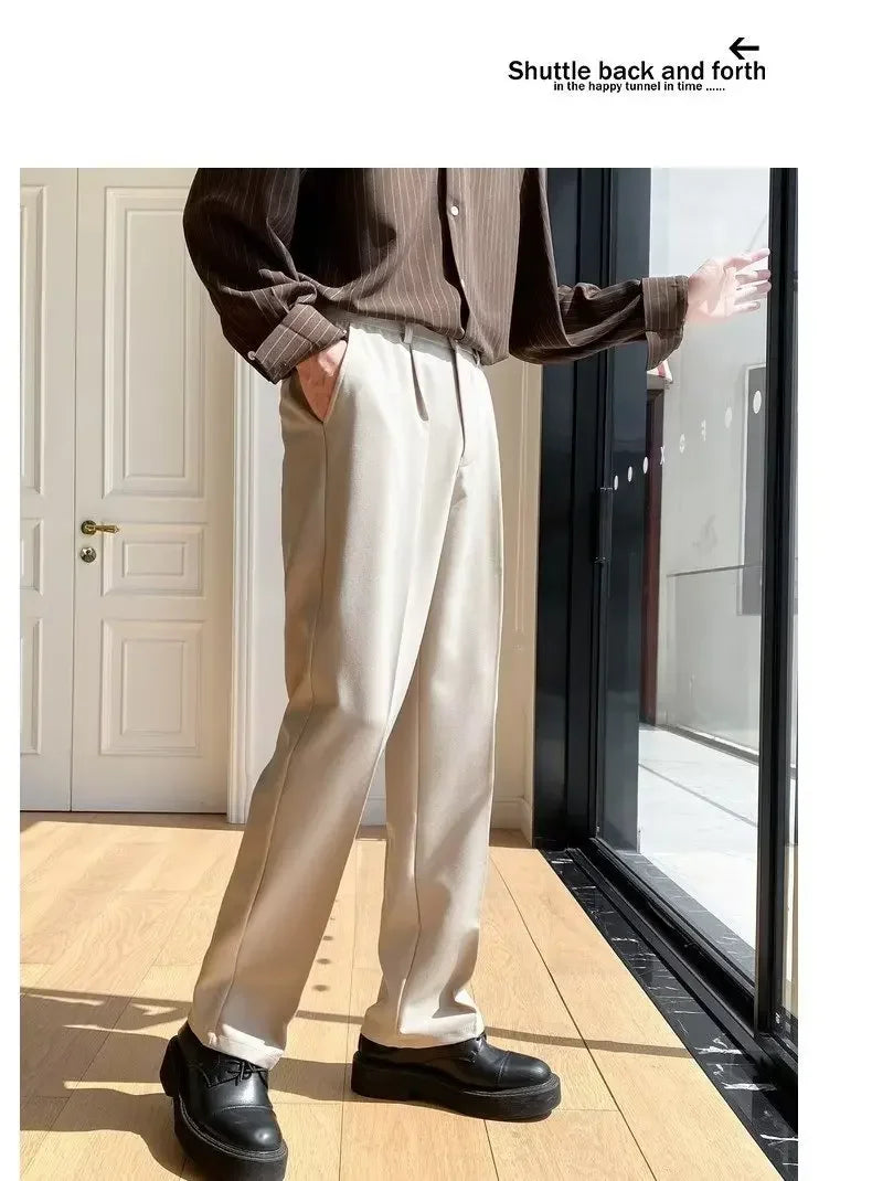 2024 Spring Autumn Men's Fashionable White Korean Style Casual Pants Street Draped Straight Loose Suit Casual Trousers Male